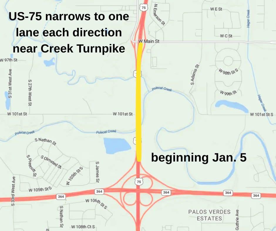Lane closures coming soon to Highway 75 near Creek Turnpike